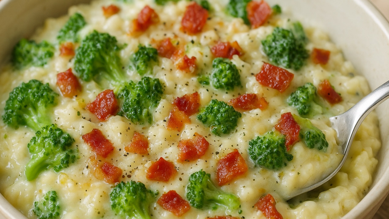Arroz cremoso com brócolis e bacon
