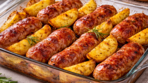 Linguiça assada com batatas na travessa