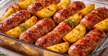 Linguiça assada com batatas na travessa