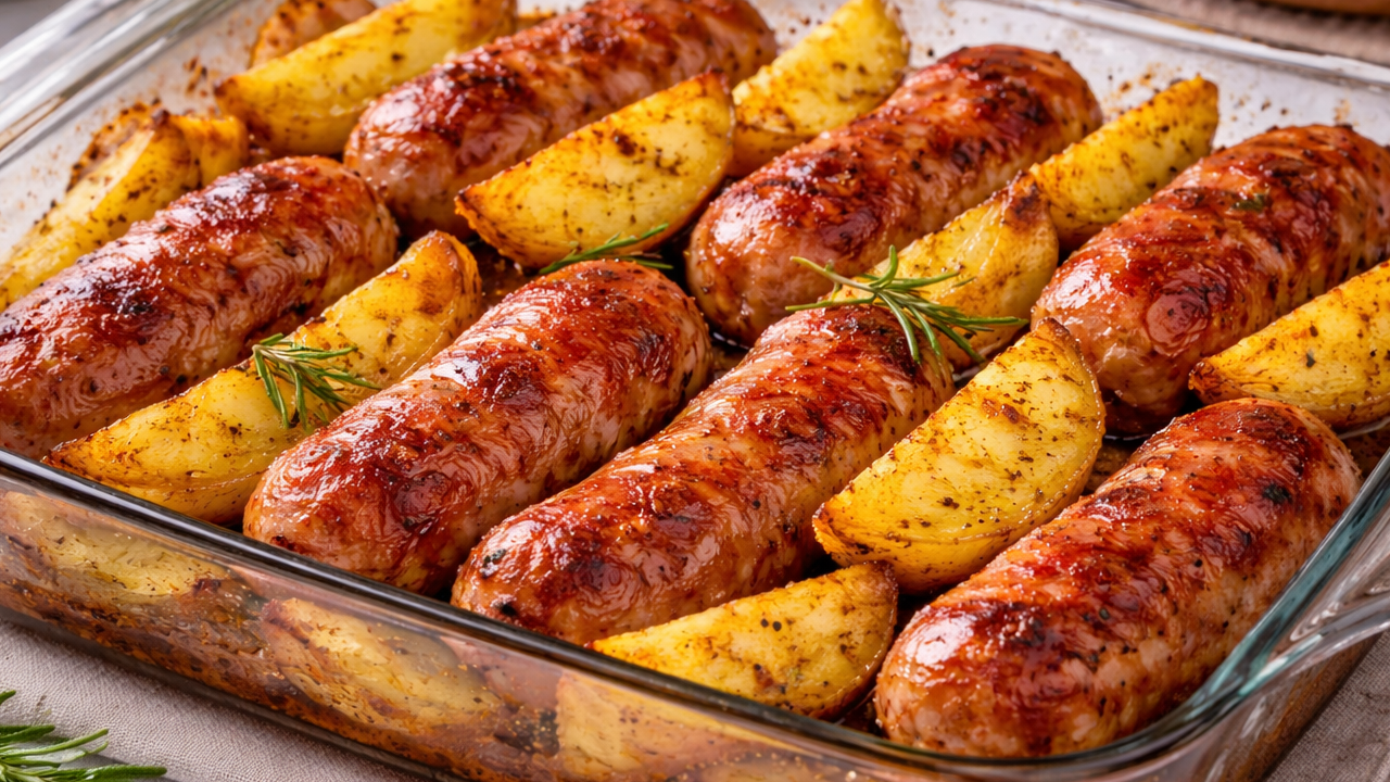 Linguiça Assada com Batatas para o Almoço 1 Linguiça assada com batatas na travessa