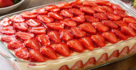 Torta de morangos com leite condensado na travessa