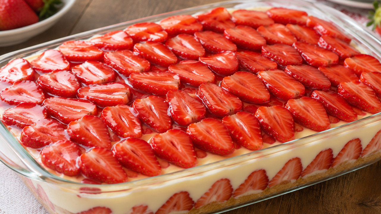 Torta de morangos com leite condensado na travessa