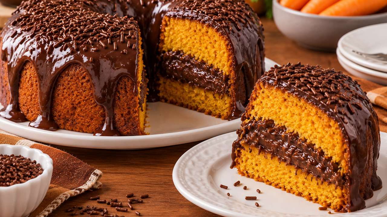 Bolo de Cenoura com Recheio de Brigadeiro Mole 1 Bolo de cenoura recheado com brigadeiro mole